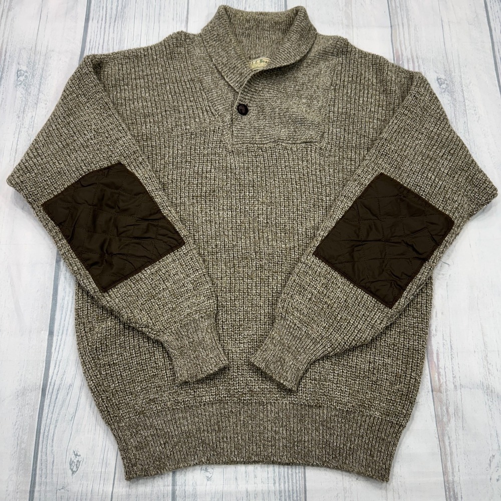 VTG LL BEAN Shawl Knit Sweater Large Tan Brown Wool Thick Elbow Patch Button Men